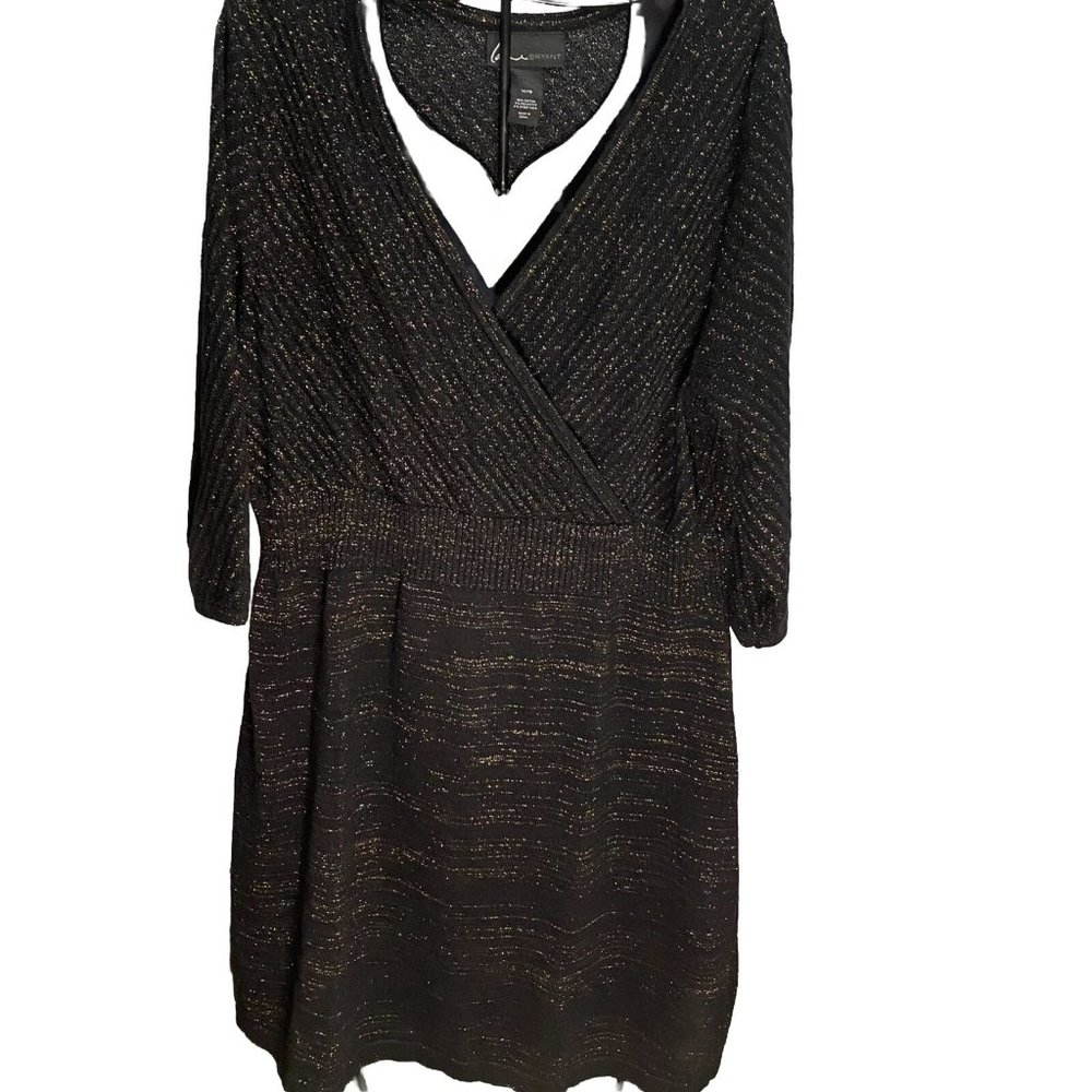 Lane Bryant Size 14 Black Gold Metallic Sweater Dress Surplice Neckline Aline